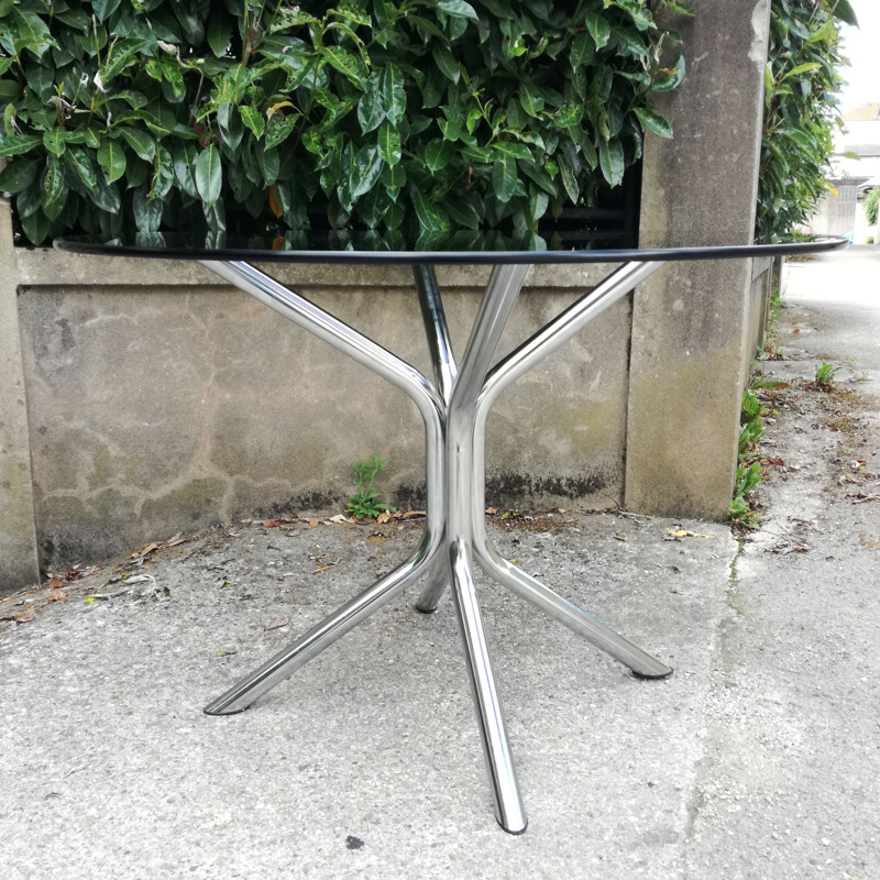 Vintage round table in smoked glass 1970