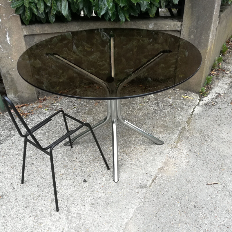 Vintage round table in smoked glass 1970