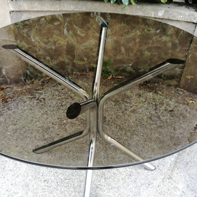 Vintage round table in smoked glass 1970
