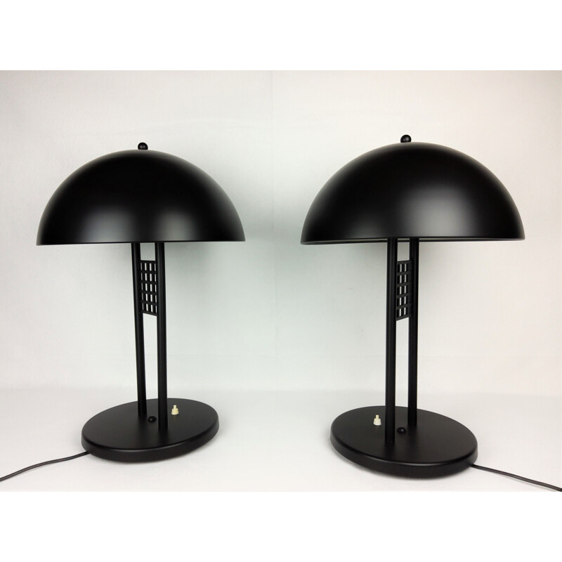 Pair of large vintage black lacquered metal table lamps 1980