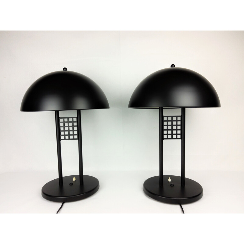 Pair of large vintage black lacquered metal table lamps 1980