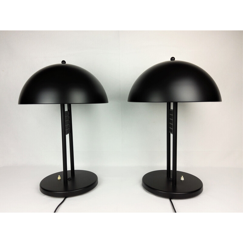 Pair of large vintage black lacquered metal table lamps 1980