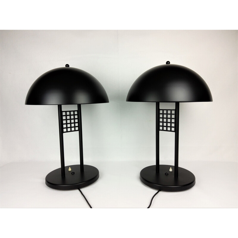 Pair of large vintage black lacquered metal table lamps 1980