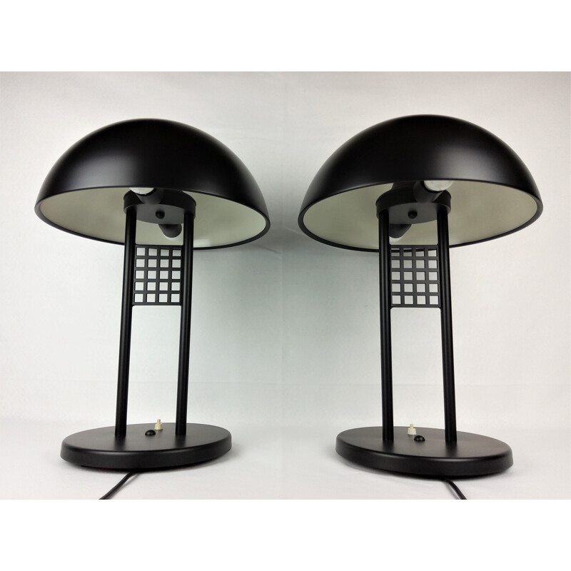 Pair of large vintage black lacquered metal table lamps 1980