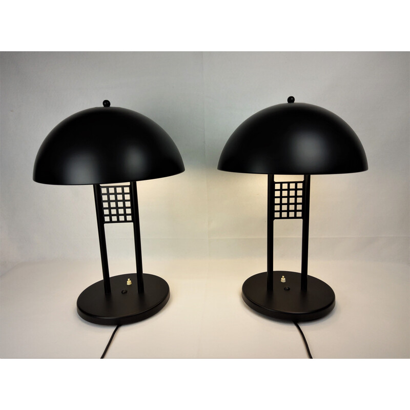 Pair of large vintage black lacquered metal table lamps 1980