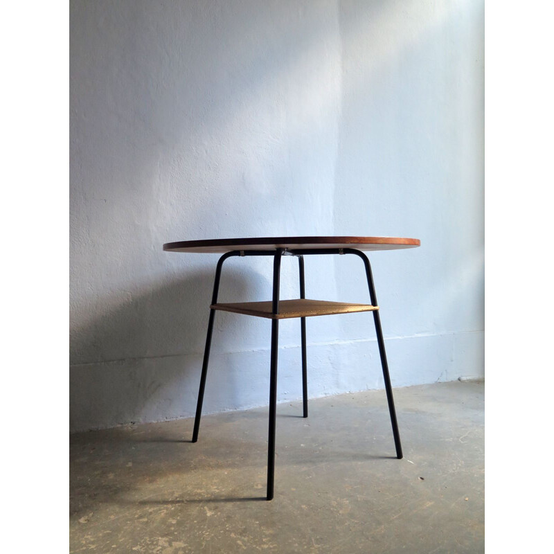 Vintage coffee table in teak and rattan with metal base, 1950