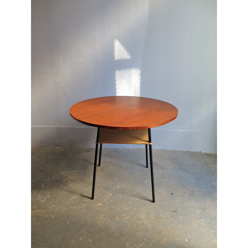 Vintage coffee table in teak and rattan with metal base, 1950