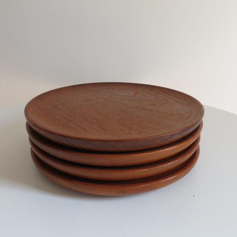 Set of 4 Vintage Teak Plates By Galatix England Burma Teak Handmade 1960s