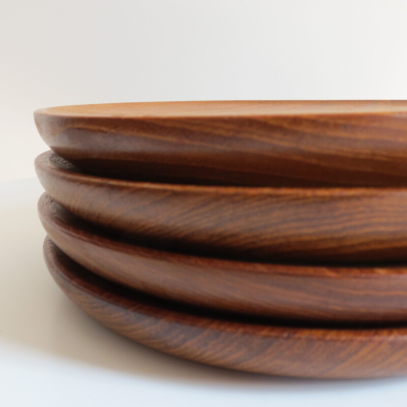 Set of 4 Vintage Teak Plates By Galatix England Burma Teak Handmade 1960s