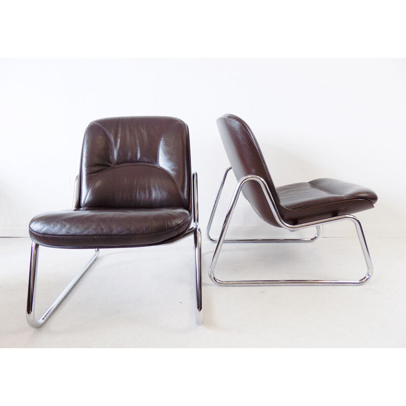 Paire de fauteuils lounge vintage en cuir brun par Gerd Lange Drabert