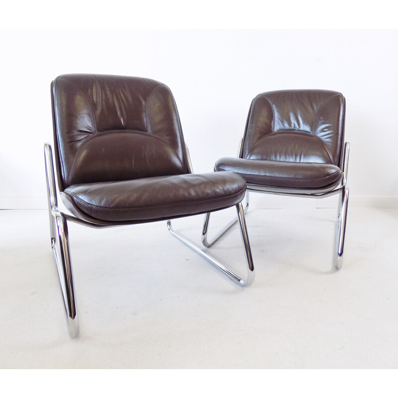 Pair of vintage brown leather lounge chairs by Gerd Lange Drabert 