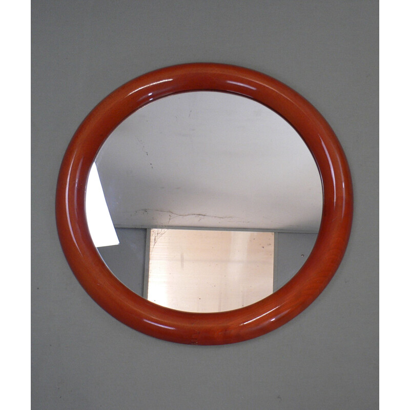 Vintage round mirror in beechwood varnished 1970