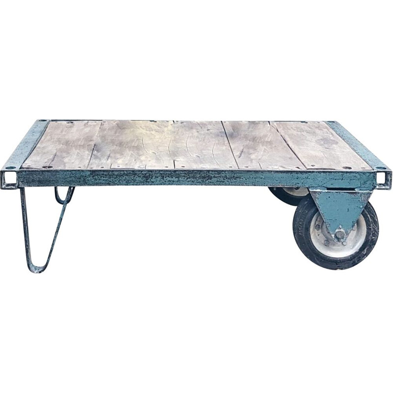 Table basse vintage industrielle bleue métal et bois, 1950
