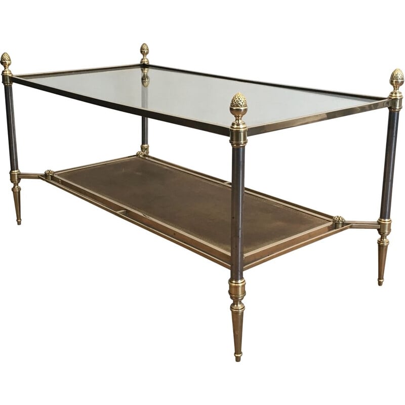 Vintage brass and brushed steel coffee table with leather tops and clear neoclassical glass, 1940