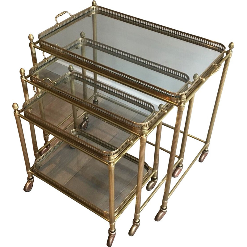 Set of 3 Vintage Brass Nesting Tables with Neoclassical Wheels, 1940