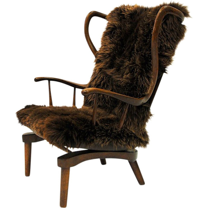 Vintage Rocking Sheep skin chair by Peter Hvidt, Denmark 1940s