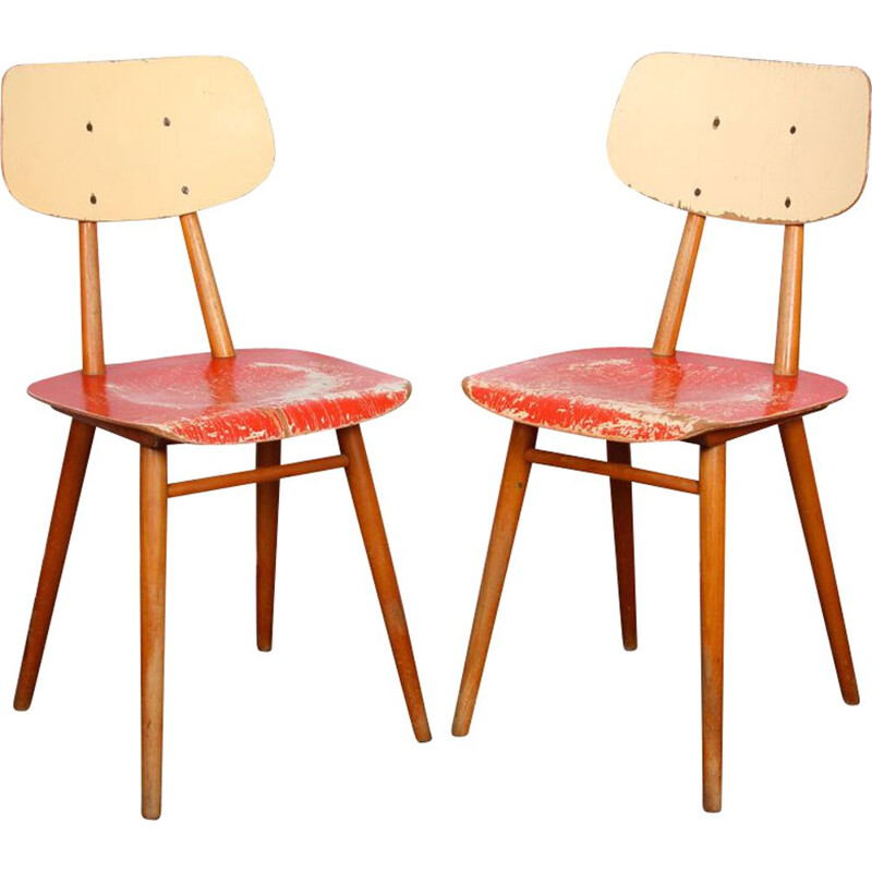 Pair of red vintage chairs for Ton, 1960s