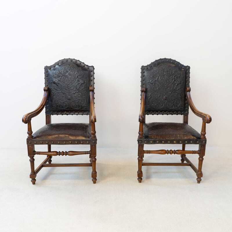 Pair of vintage walnut and leather armchairs, 19th century