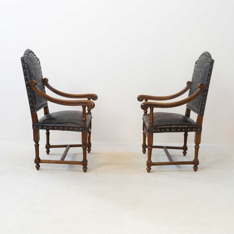 Pair of vintage walnut and leather armchairs, 19th century