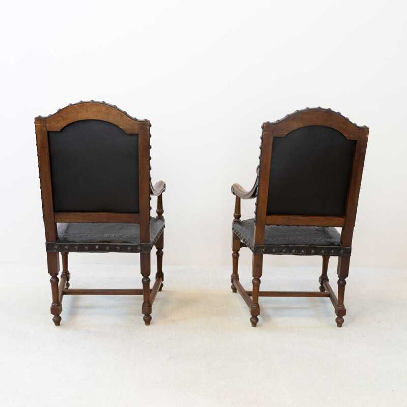 Pair of vintage walnut and leather armchairs, 19th century