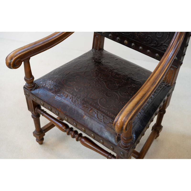 Pair of vintage walnut and leather armchairs, 19th century