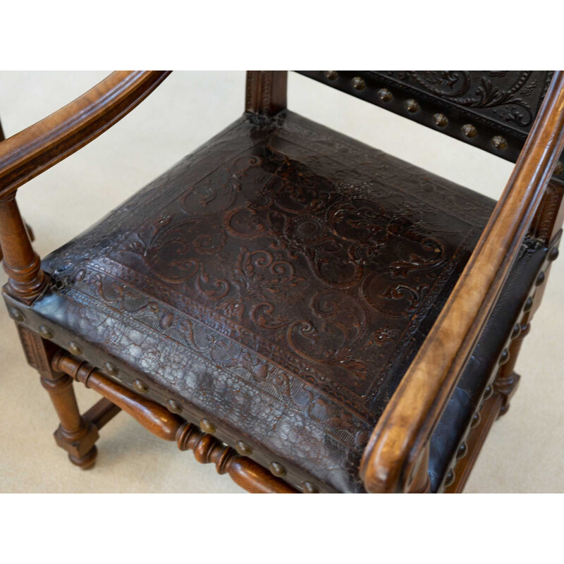 Pair of vintage walnut and leather armchairs, 19th century