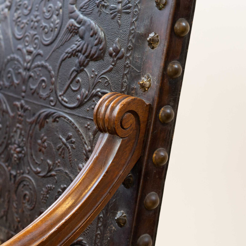 Pair of vintage walnut and leather armchairs, 19th century