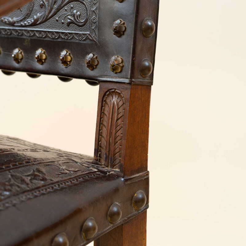 Pair of vintage walnut and leather armchairs, 19th century