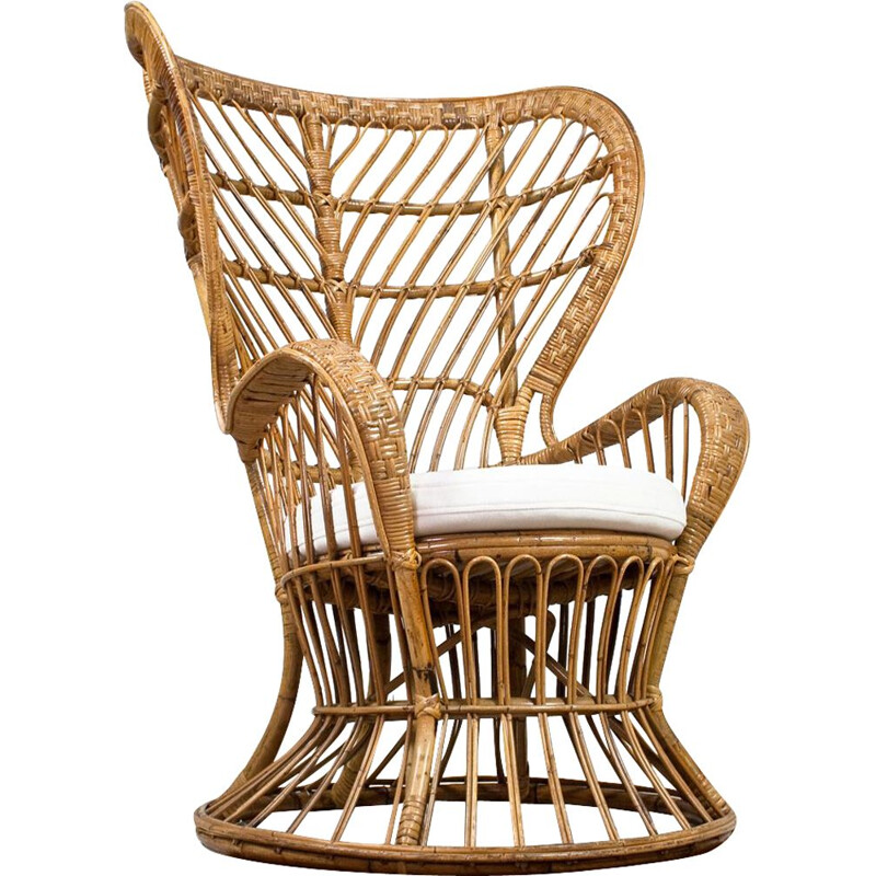 Vintage High Wingback Rattan Armchair with White Felt Cushion by Lio Carminati Italian 1950