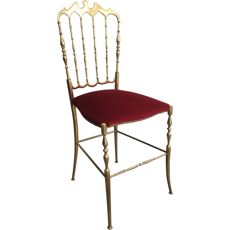 Vintage Chiavari Chair in Brass and Red Fabric 1940