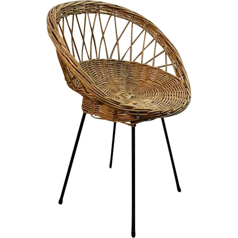 Vintage rattan basket chair with metal legs 1950 