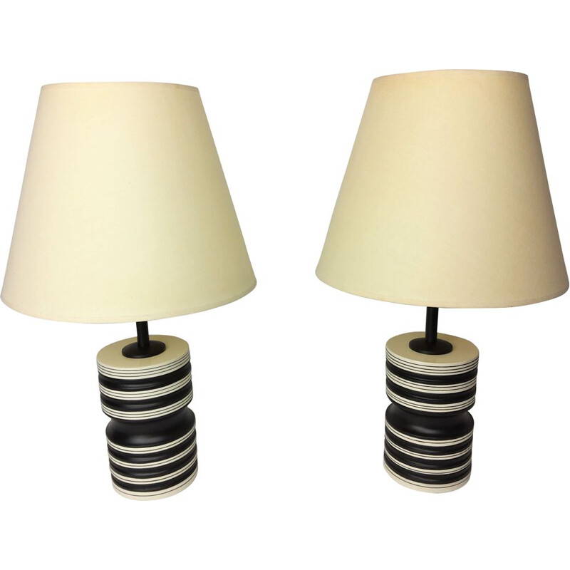 Paire de lampes vintage en céramique noire et blanche 1980