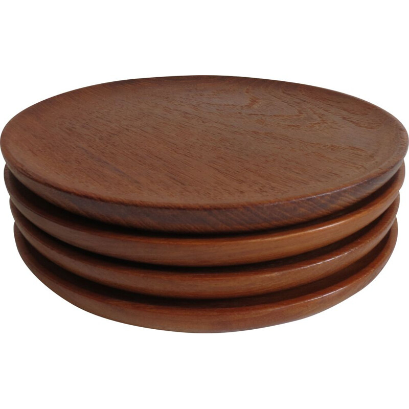 Set of 4 Vintage Teak Plates By Galatix England Burma Teak Handmade 1960s