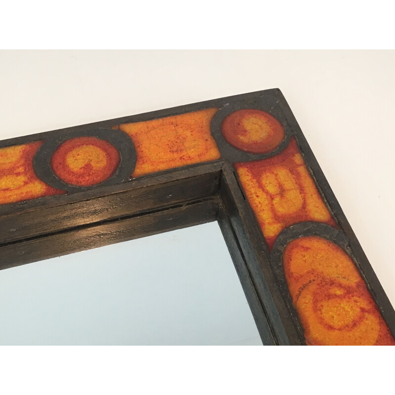 Espelho de cerâmica Vintage em tons de laranja, 1970