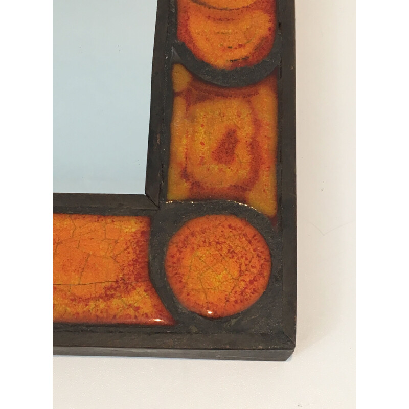 Specchio in ceramica vintage nei toni dell'arancio, 1970