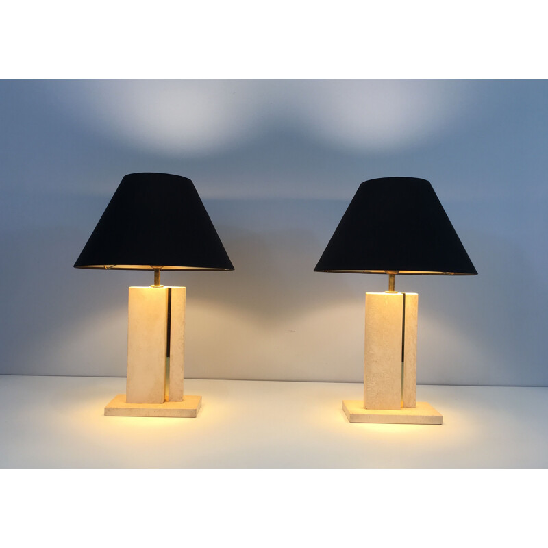 Pair of Vintage Lamps in Travertine and Brass 1970