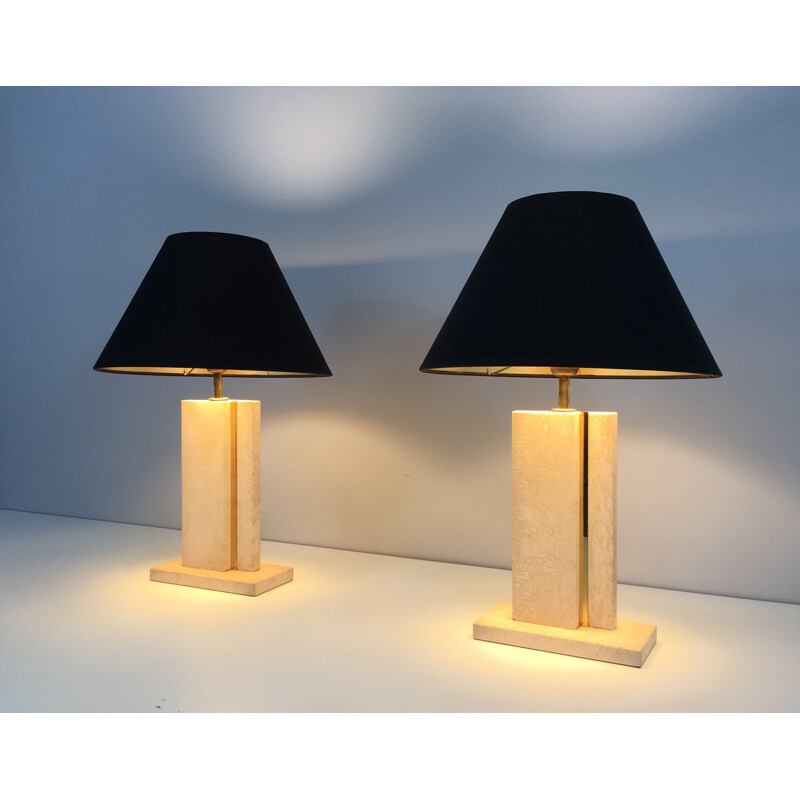 Pair of Vintage Lamps in Travertine and Brass 1970