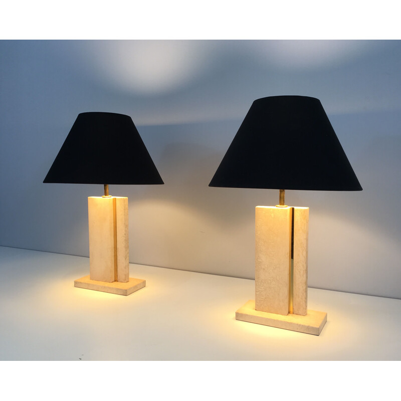 Pair of Vintage Lamps in Travertine and Brass 1970