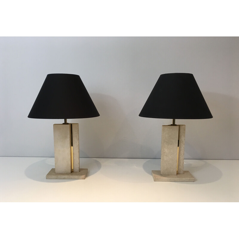 Pair of Vintage Lamps in Travertine and Brass 1970