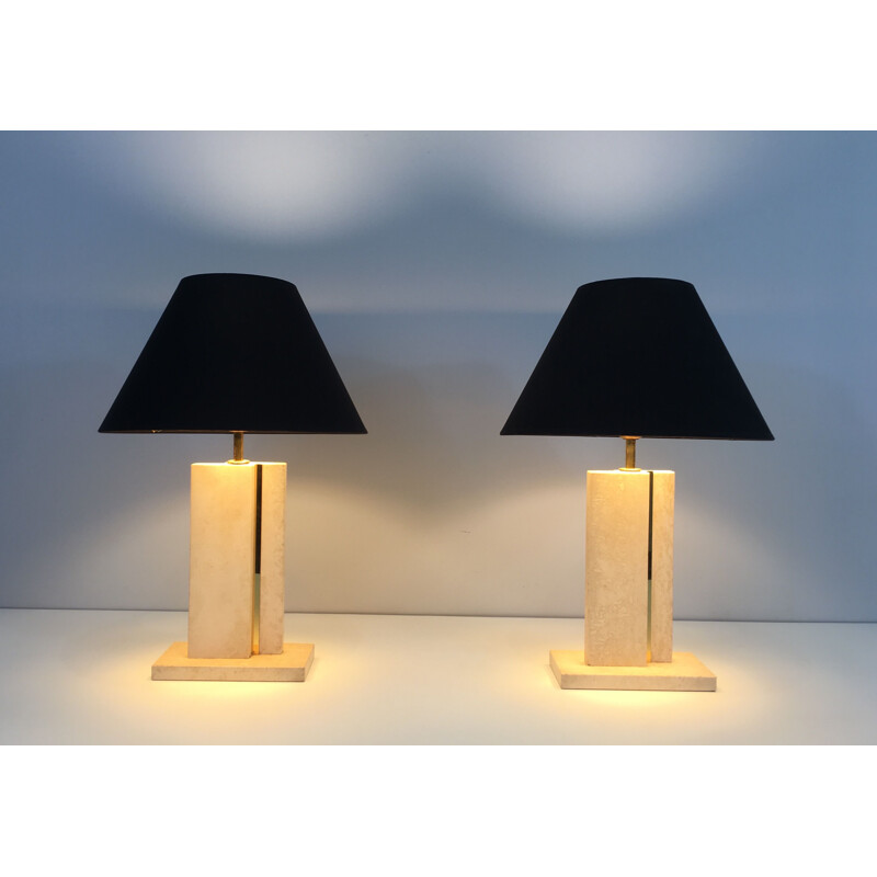 Pair of Vintage Lamps in Travertine and Brass 1970