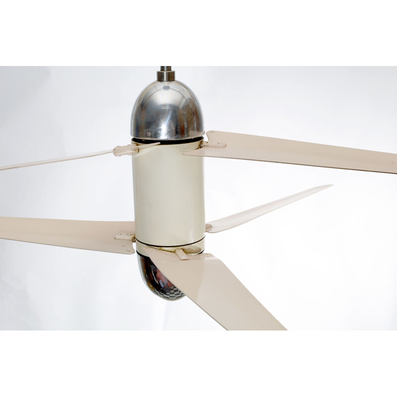 Ventilatore da soffitto d'epoca a 6 ali, beige e cromo, 1950