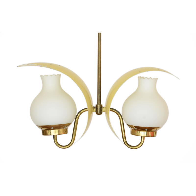 Vintage double pendant brass chandelier with opal glass shade by Bent Karlby for Lyfa, Denmark 1950