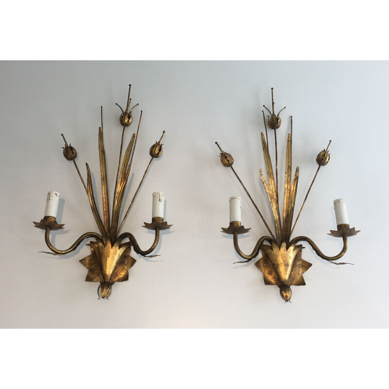 Pair of Golden Metal Vintage Sconces with Wheat Spurs 1970