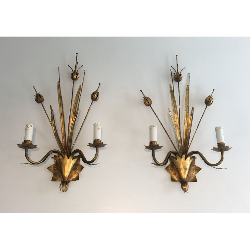 Pair of Golden Metal Vintage Sconces with Wheat Spurs 1970