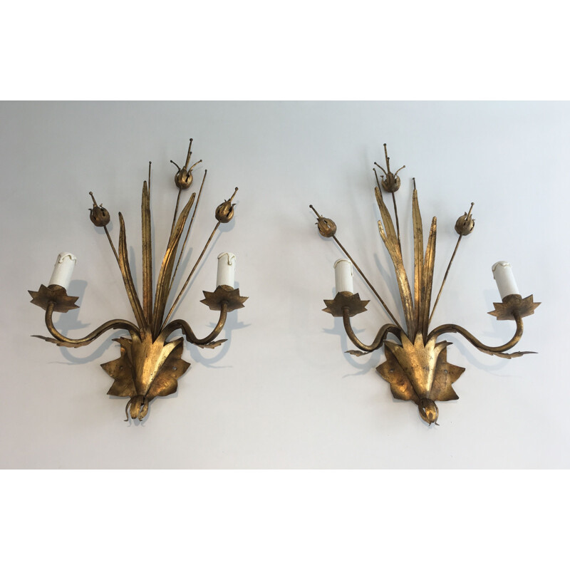 Pair of Golden Metal Vintage Sconces with Wheat Spurs 1970