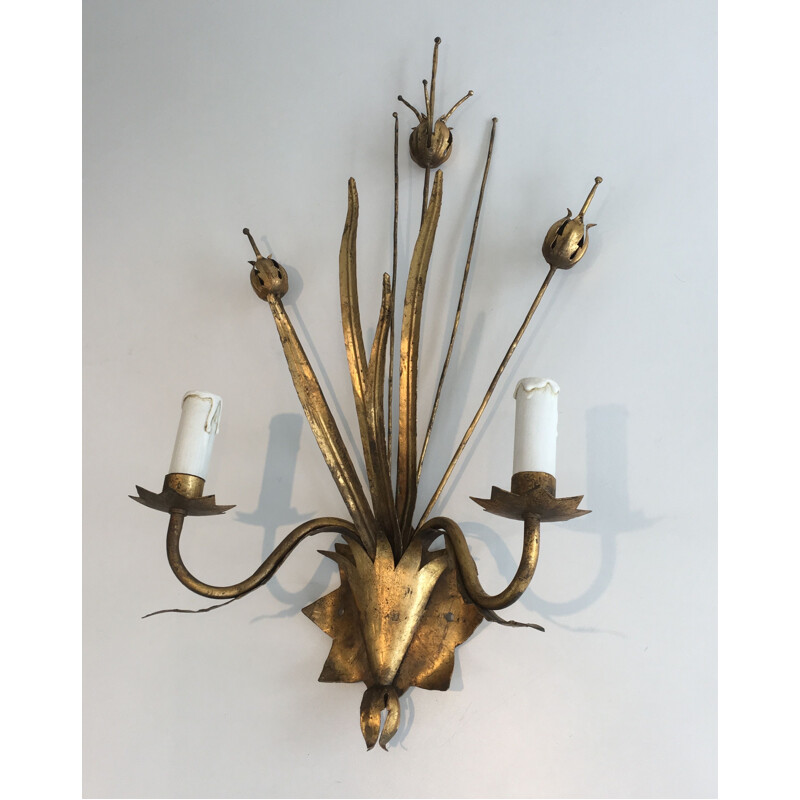 Pair of Golden Metal Vintage Sconces with Wheat Spurs 1970