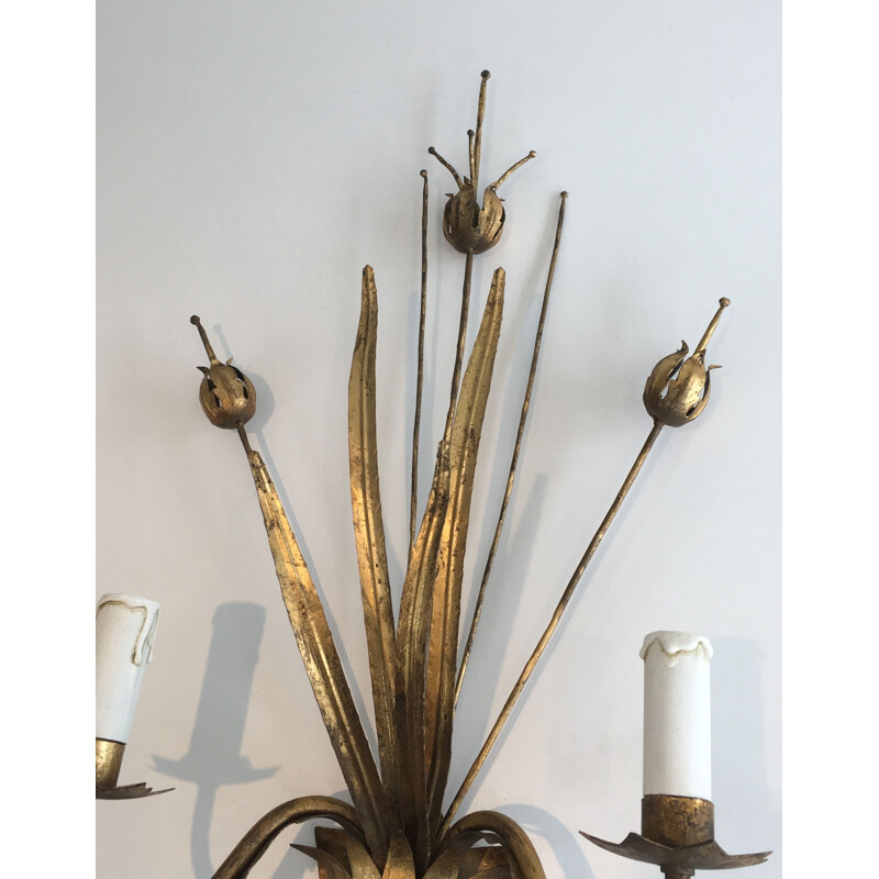 Pair of Golden Metal Vintage Sconces with Wheat Spurs 1970