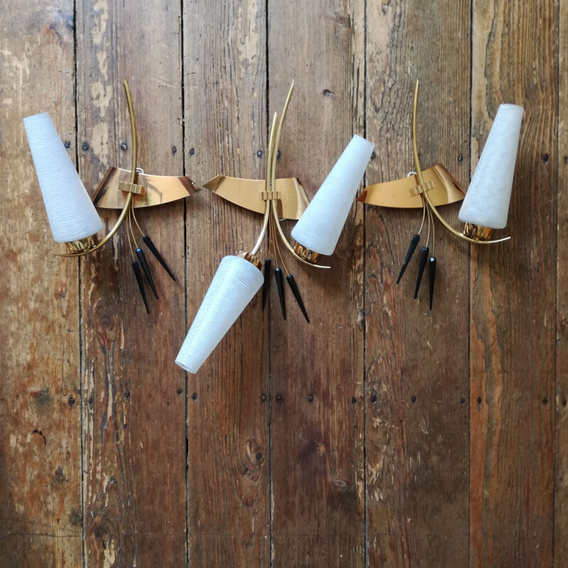 Pair of Vintage brass and glass wall lights 1950's