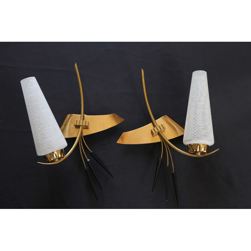 Pair of Vintage brass and glass wall lights 1950's