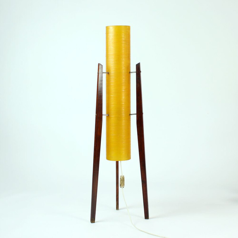 Vintage Freestanding Rocket Floor Lamp In Fiber Glass And Wood, Novoplast, Czechoslovakia, 1950